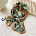 Elegant bean green silk scarf with orange trim and delicate white floral leaf patterns - Five-Petal Oval Leaf
