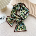 Slim silk-feel twilly scarf with abstract floral pattern in forest green and yellow - Green Spray Painting