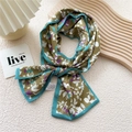 Olive green floral skinny silk scarf with purple blossoms and blue hemmed edge - Purple-Teal White Shadow Flower
