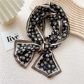 Slim silk scarf with white daisy print on black base and brown contrast borders - Black Half-Color Daisy