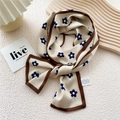 Beige floral skinny silk scarf with navy blue blossom pattern and brown border - Beige Five-Petal Flower