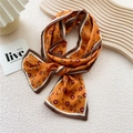 Ginger orange skinny silk scarf with red floral print and striped edges for women - Orange Base Sanvitalia