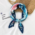 Pleated square silk scarf featuring blue and pink geometric floral patterns for women - Surfing Green Pink