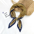 Pleated square scarf featuring mustard yellow and navy diagonal stripes in a bow knot style - Fine Yellow Stripe