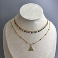 Double-layered 18K gold plated stainless steel necklace with evil eye and rainbow beads - Style 173 Triangle Evil Eye Double Layer
