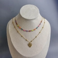Detail of 18K gold layered necklace with colorful enamel butterflies and evil eye heart - Style 172 Butterfly Heart Double Layer