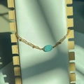 Double-layer gold plated bracelet with turquoise oval stone and mixed chain link design - Blue Turquoise Oval Gold