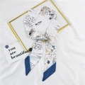 Floral print narrow silk twilly scarf in cream and blue with elegant handwriting pattern - 7D English Letter Banana Shrub