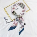 Floral print narrow silk scarf with navy letter patterns and contrast hem design - 14D Colorful Dahlia