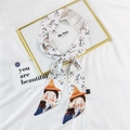 Floral silk hair ribbon in pearl white with blue cartoon girl illustration and navy accents - 17D Yellow Straw Hat Girl