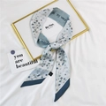 Elegant 100% silk twilly scarf in light blue with floral patterns for hair or neck - 19D White Snowflake