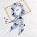 Blue and white silk twilly hair scarf with elegant flying bird and floral patterns - 20D Bird Flower