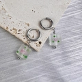 Detail of square frosted glass pendant earring with pink rose and silver metal hoop - White-Steel Color