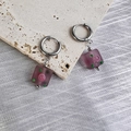Detail of square purple frosted glass pendant earrings with pink 3D rose and silver hoop - Purple-Steel Color