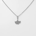 Macro detail of leaf-shaped titanium steel pendant with matte finish on link chain - Ginkgo Leaf - Steel Color (DN212)