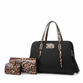 Set borsa tote nera in pelle martellata con pochette leopardata e portamonete coordinato - Nero Set