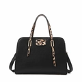 Black pebbled leather tote bag with leopard print handles and gold hardware details - Leopard Print Single Bag
