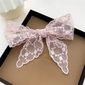 Elegant pink lace bow hair clip with floral embroidery and long flowing ribbons - Lace Floral Branch Pink