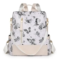 Sac à dos blanc avec imprimé papillon, bordure en cuir crème et détails dorés brillants - Noir