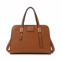 Classic caramel brown tote bag in pebbled faux leather with gold hardware accents - Brown Single Bag