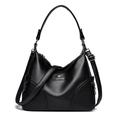 Classic black leather tote bag for women with kangaroo logo and adjustable strap - Black