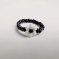 Handmade elastic beaded ring with dark purple beads and white flower pattern design - 1 Flower - Black White