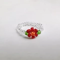 Handmade beaded elastic flower ring with transparent beads and a red floral design - 1 Flower - Transparent Red