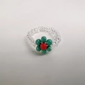 Handmade elastic beaded ring with green flower petals and a red center bud - 1 Flower - Green