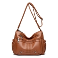 Sac à bandoulière en cuir souple marron avec plusieurs poches et fermetures argentées - Jaune
