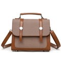 Borsa vintage in pelle marrone e tela beige con fibbie argentate e manico - Marrone