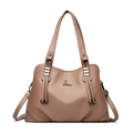 Morandi grey pebbled leather tote bag for women featuring a silver kangaroo logo detail - Khaki
