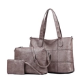 Three-piece taupe quilted tote bag set with matching shoulder bag and small zipper pouch - Camel
