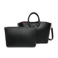 Black pebbled leather tote bag set with woven handles and matching zippered clutch - Black