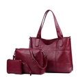 3-piece burgundy tote bag set with grid quilting and smooth synthetic leather texture - Red