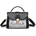 Bolso bandolera de estilo étnico en cuero negro y tela con patrón de ondas tradicional - Negro