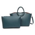 Dark green pebble leather tote bag set with woven handles and a matching pouch - Blue