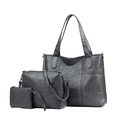 Three-piece dark grey tote bag set with crossbody bag and coin purse in pebbled PU leather - Dark Gray