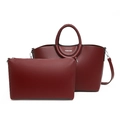 Burgundy lychee pattern leather tote bag set with woven handles and crossbody strap - Red
