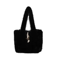 Black plush tote bag with high-density faux fur and vintage wooden toggle closure - Black