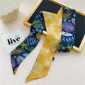 Ruban à cheveux soyeux avec motif à carreaux jaunes et imprimé tropical - 6.5*125cm / 4L Feuille Gingham Bleu Marine