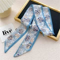 Ruban de soie long à motif floral bleu et blanc pour cheveux ou bandoulière de sac - 6.5*125cm / 9L Marguerite Bleue