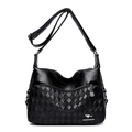 Classic black faux leather shoulder bag with textured weave and multiple zipper compartments - Diamond Grid Black