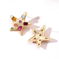 Gold starfish stud earrings with colorful rhinestones and vintage hammered finish - Multi-color Gemstone Starfish Style (24986)