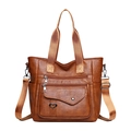 Bruine vintage PU-leren shopper met brede riem en meerdere ritszakken - Bruin