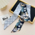 Foulard étroit en soie double face avec damier bleu clair et imprimés tropicaux - 6.5*125cm / 20L Feuille d'Arum Noir