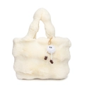 Furry cream-white plush bucket bag with a cute pom-pom pendant and fluffy faux fur texture - White With Pendant