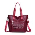 Burgundy large capacity soft PU leather tote bag with heart charm and multi-pocket design - Burgundy