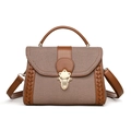 Sac bandoulière classique en cuir marron et tissage beige avec boucle en métal doré - Marron
