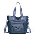 Large dark blue soft PU leather tote bag with heart buckle and multiple pockets - Blue