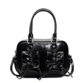 Borsa a mano vintage nera lucida con fiocchi decorativi e cuciture a contrasto - Nero